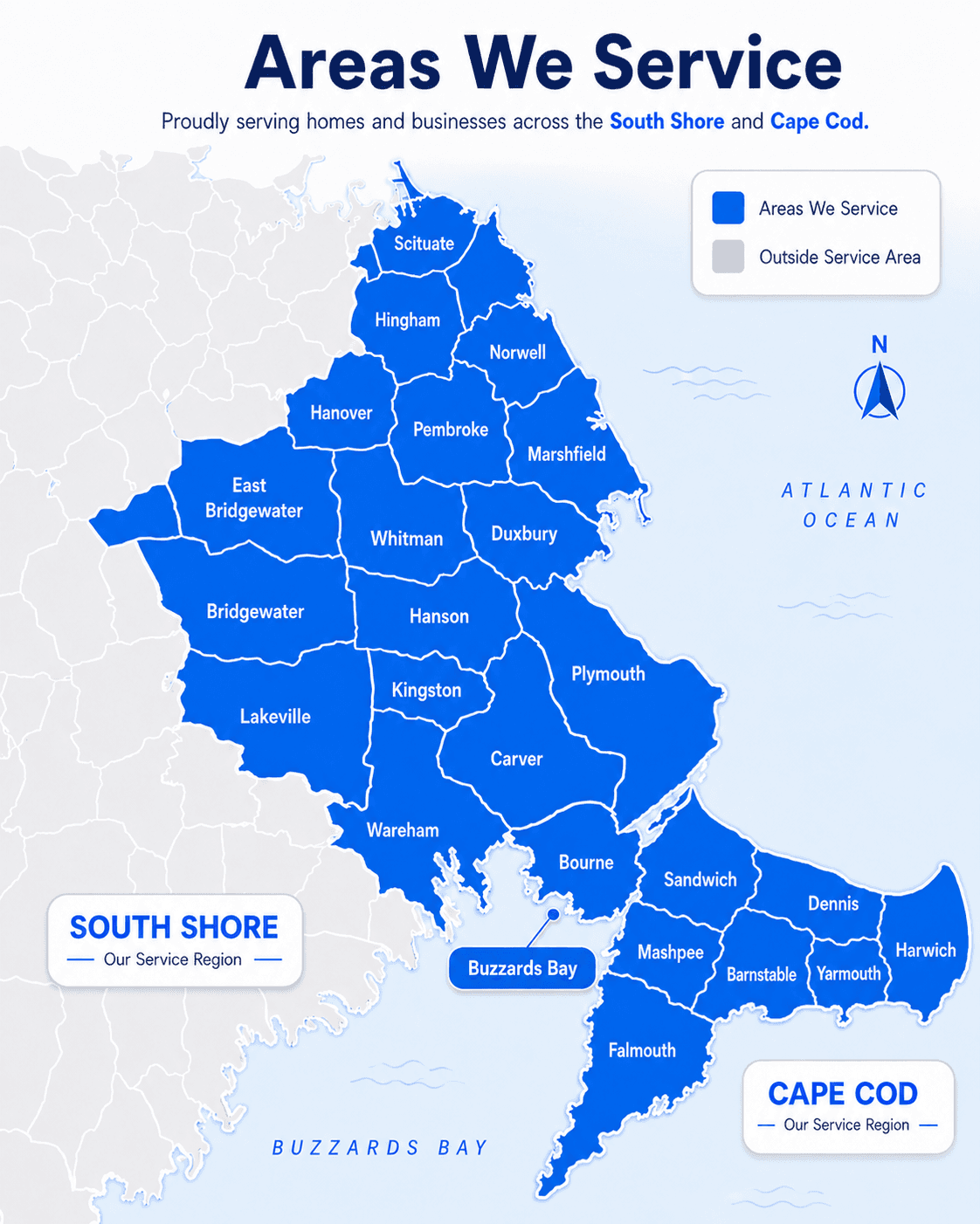 Map of the areas Graham Power Washing serves across Plymouth, the South Shore, and Cape Cod.